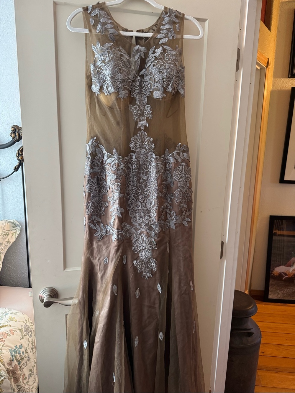 Embroidered Illusion Evening Gown in Taupe with Silver Lace